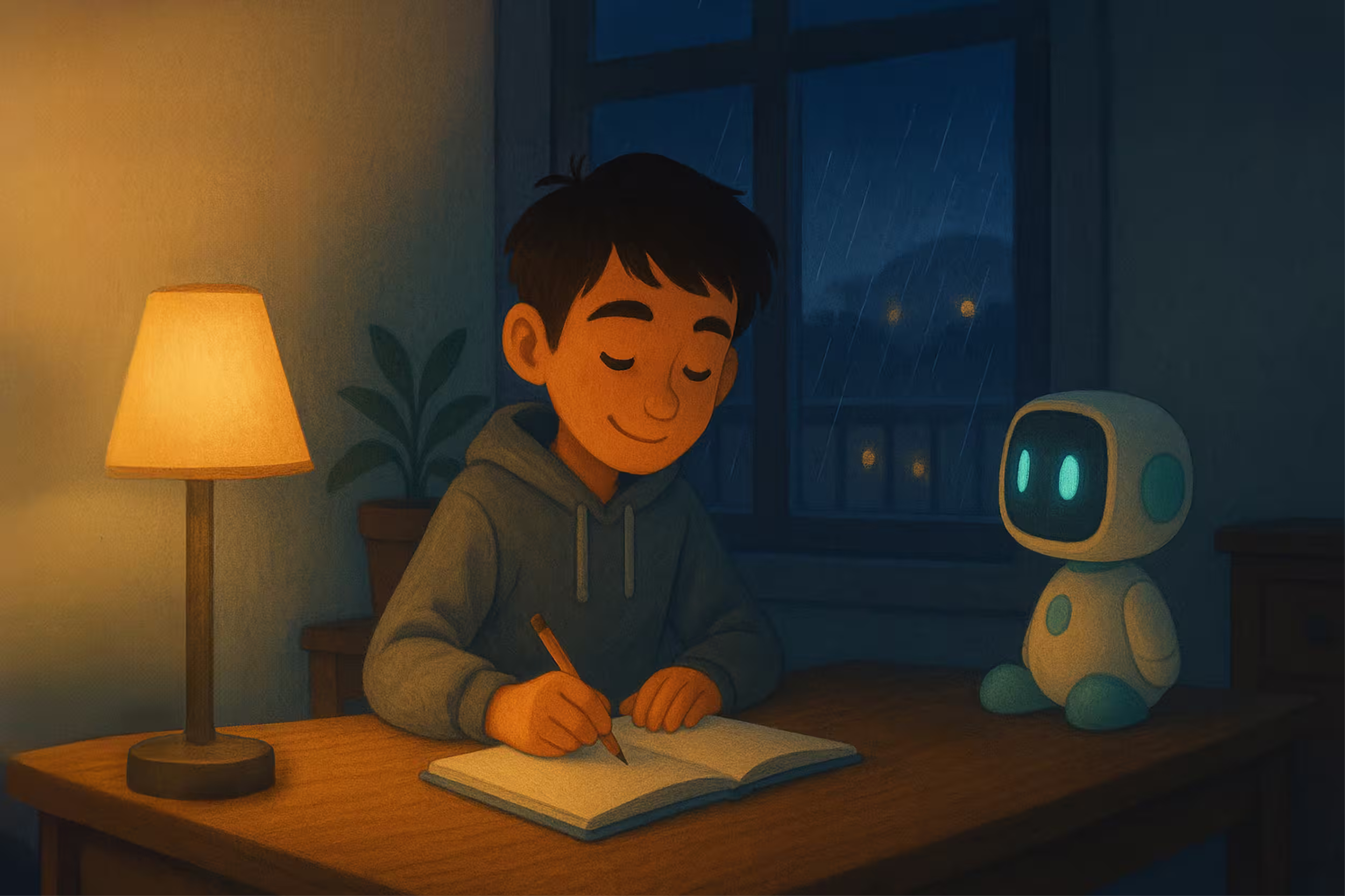 Leo writes in his sketchbook beside Obiwey in the warm light of a desk lamp.