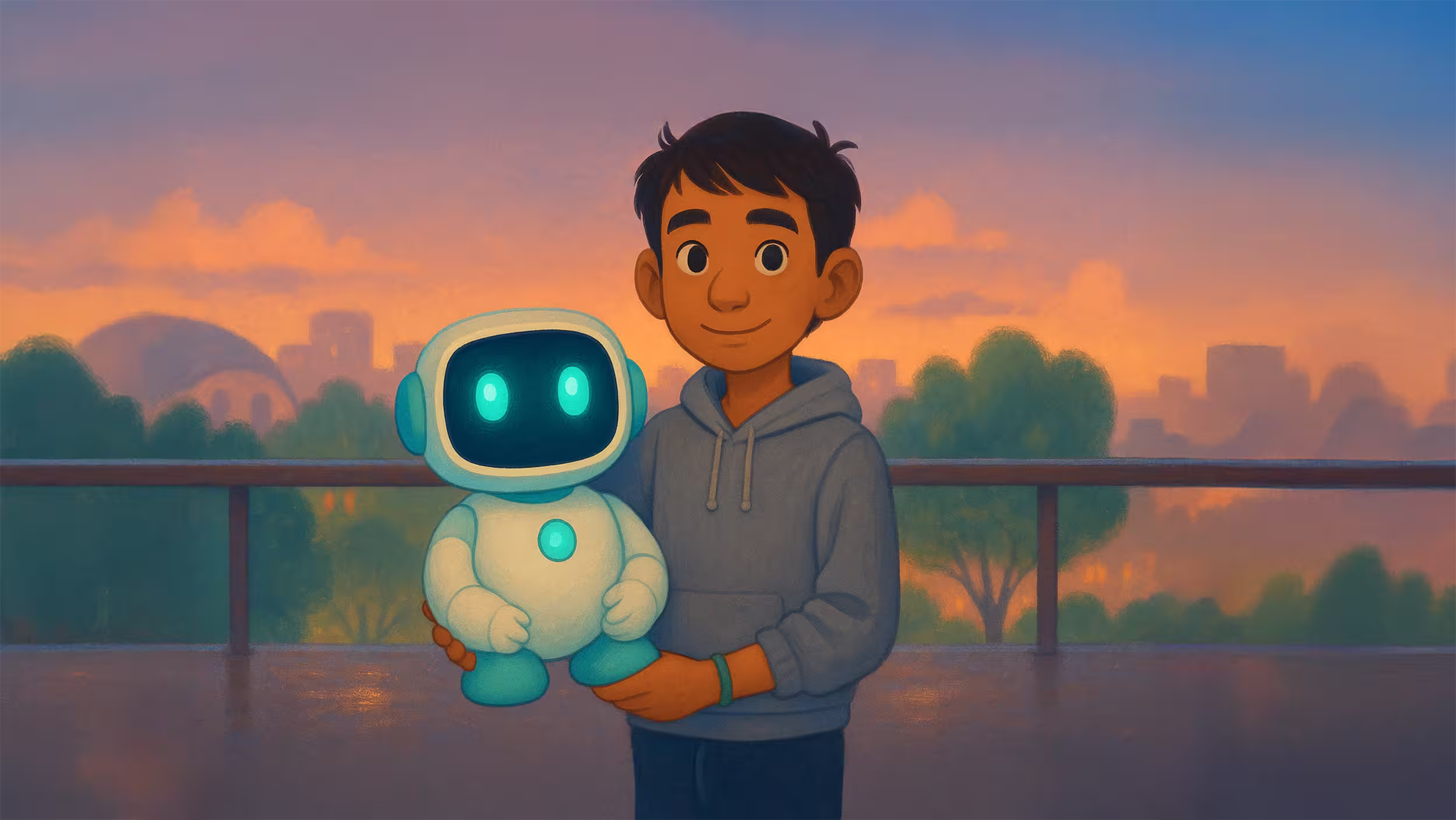 Leo holds Obiwey on a balcony at sunset.
