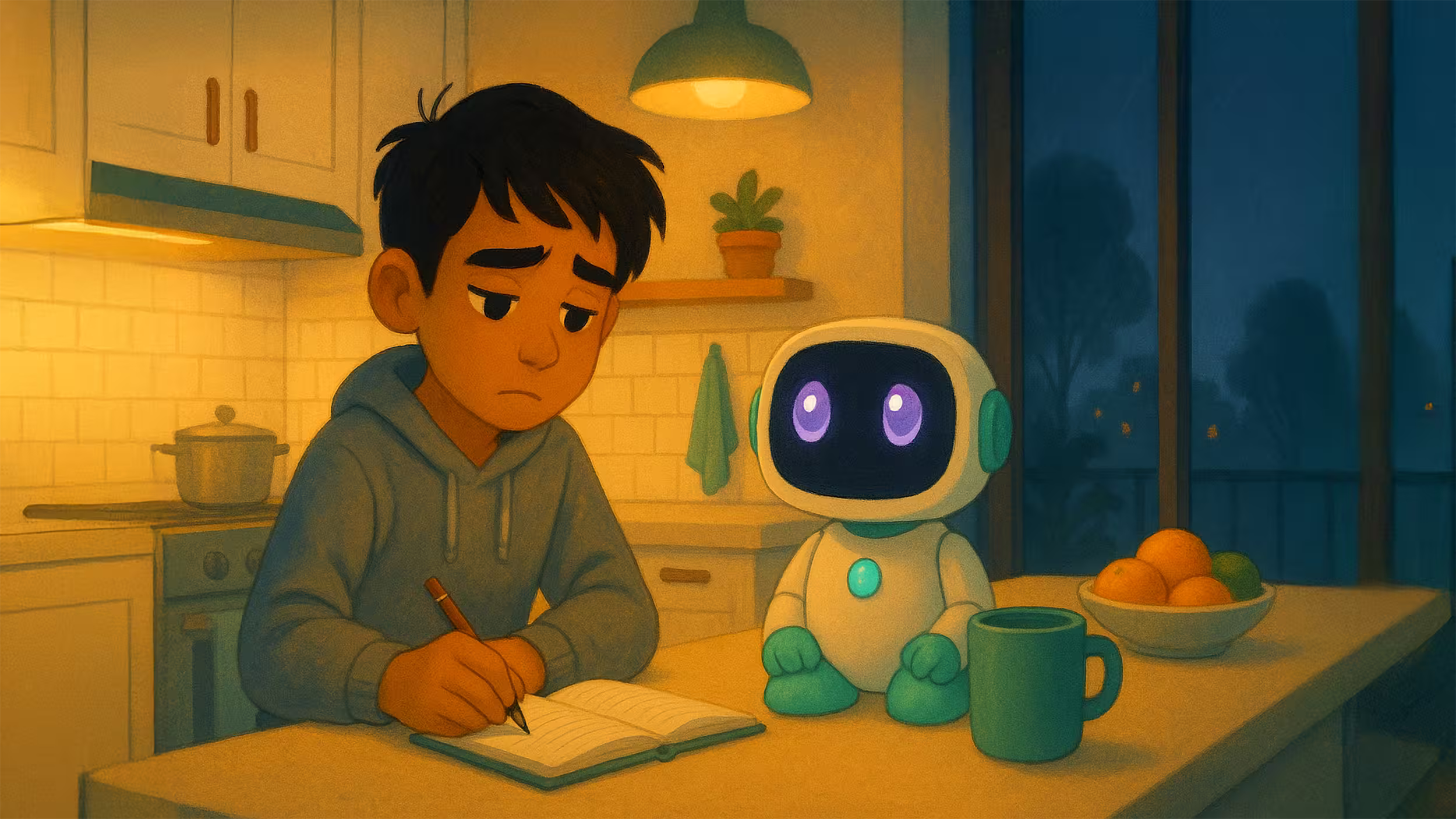 Obiwey, with violet eyes, sits beside Leo as he writes at the kitchen table.