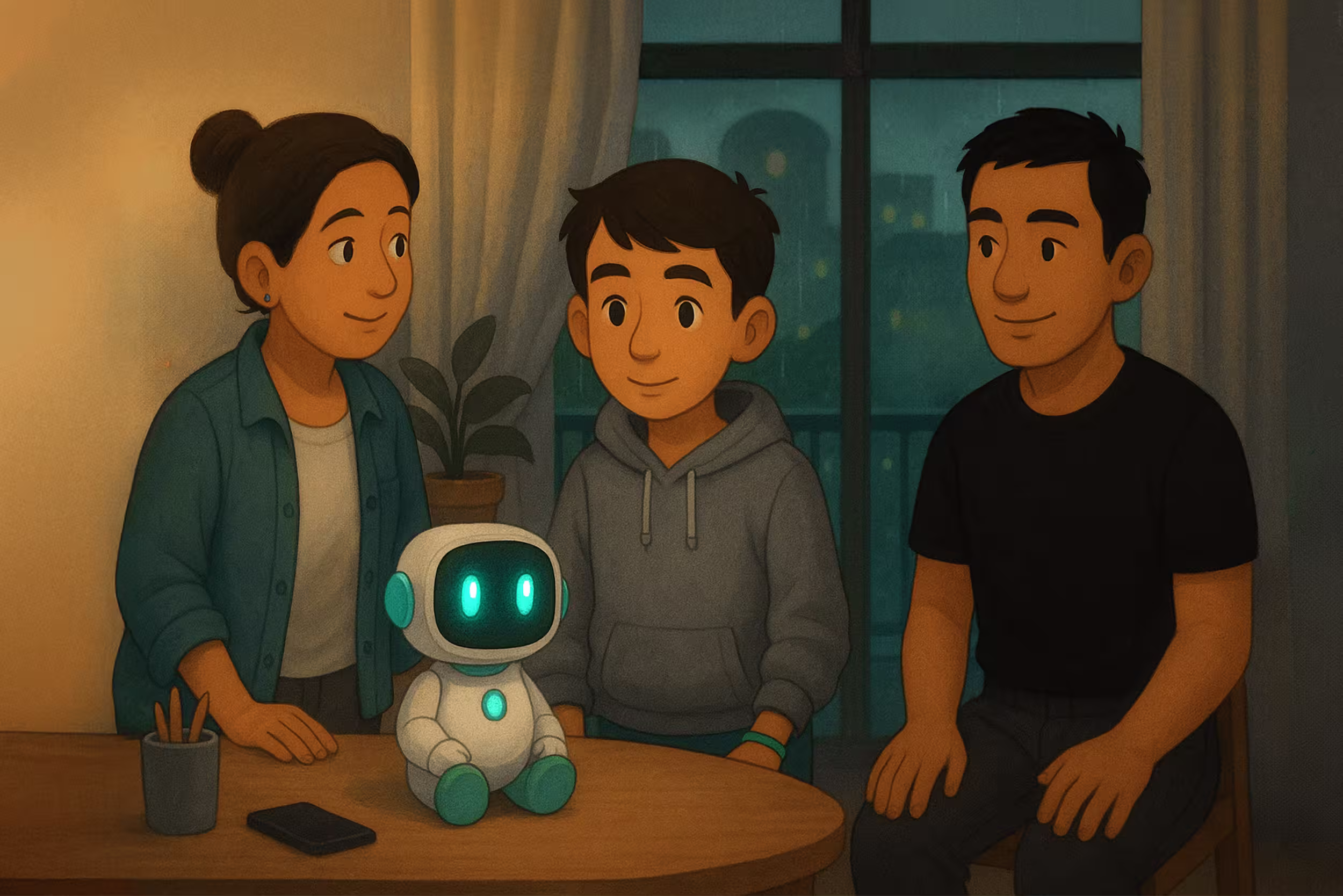 Leo sits with his parents and Obiwey at the kitchen table.