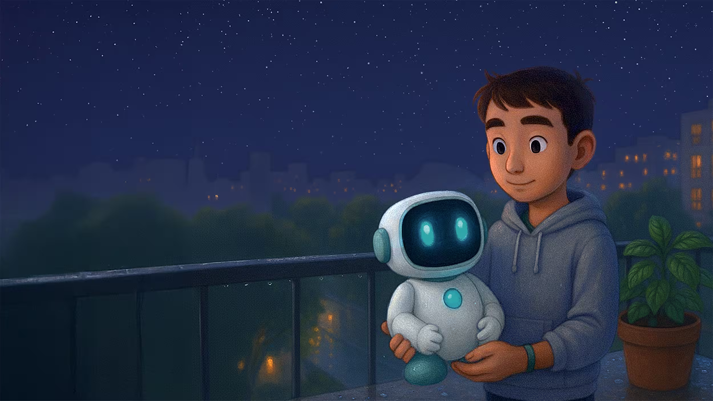 Leo holds Obiwey on a balcony beneath a starry city sky.